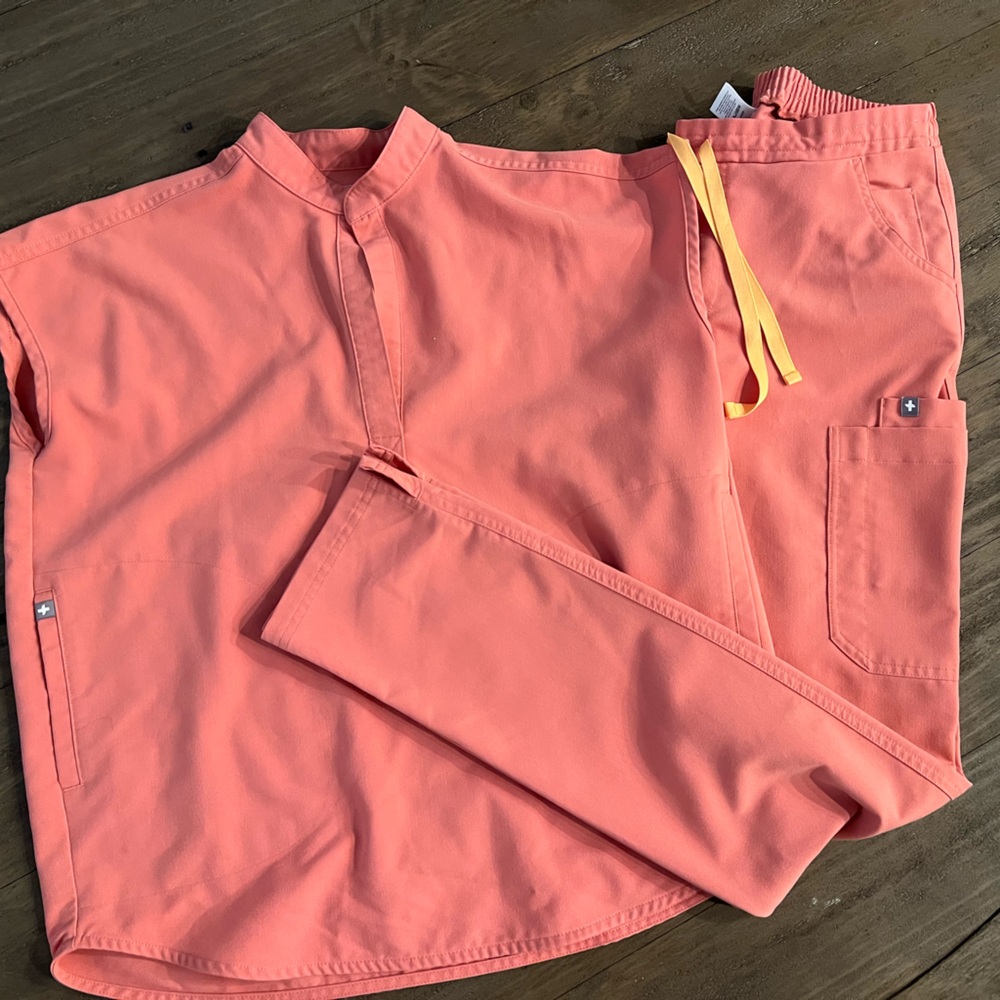 Figs Coral Scrub Top and Drawstring Pants with Yellow Ties